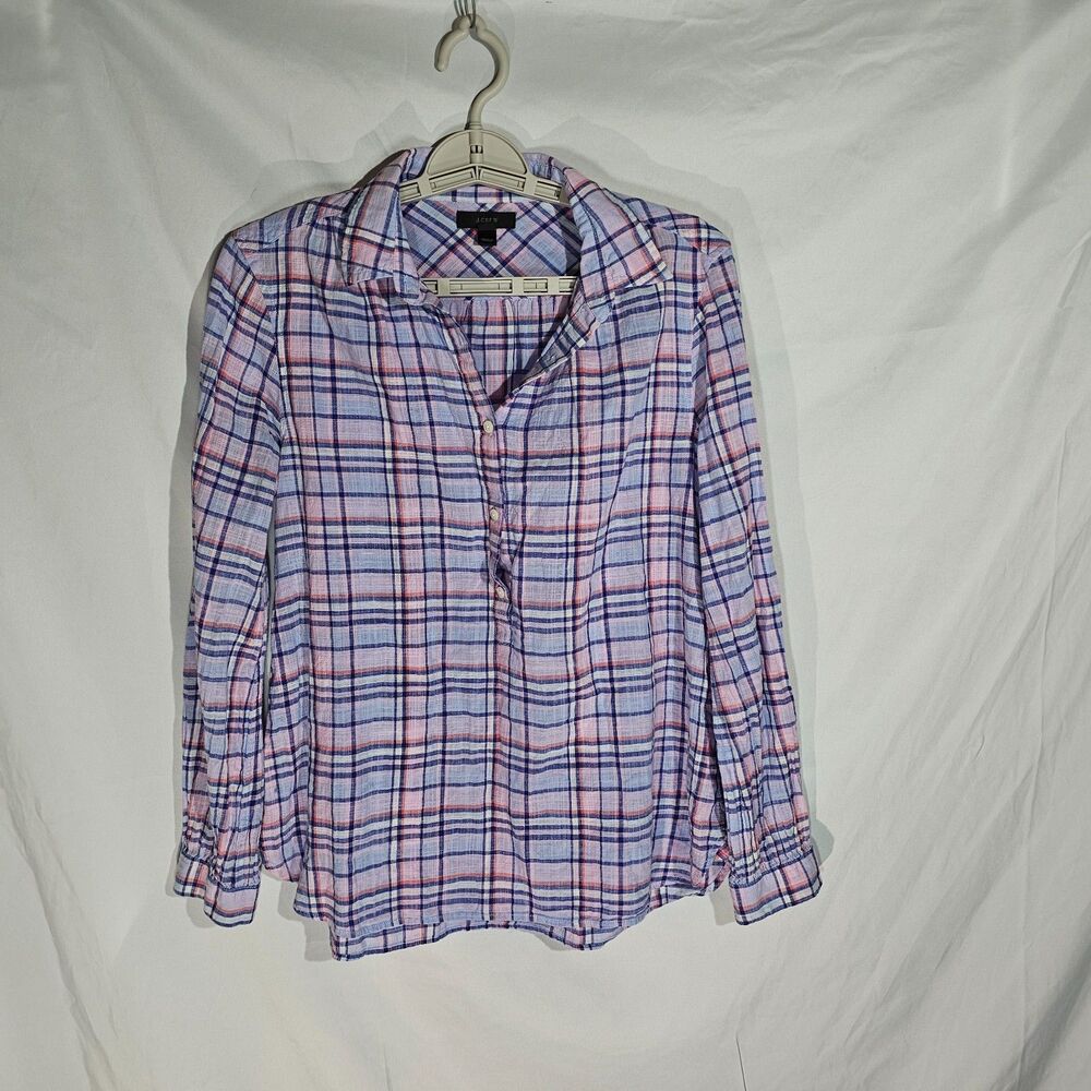 J.Crew Plaid Linen Popover Shirt Long Sleeve Button Neck Pastel Blue Pink Sz 4